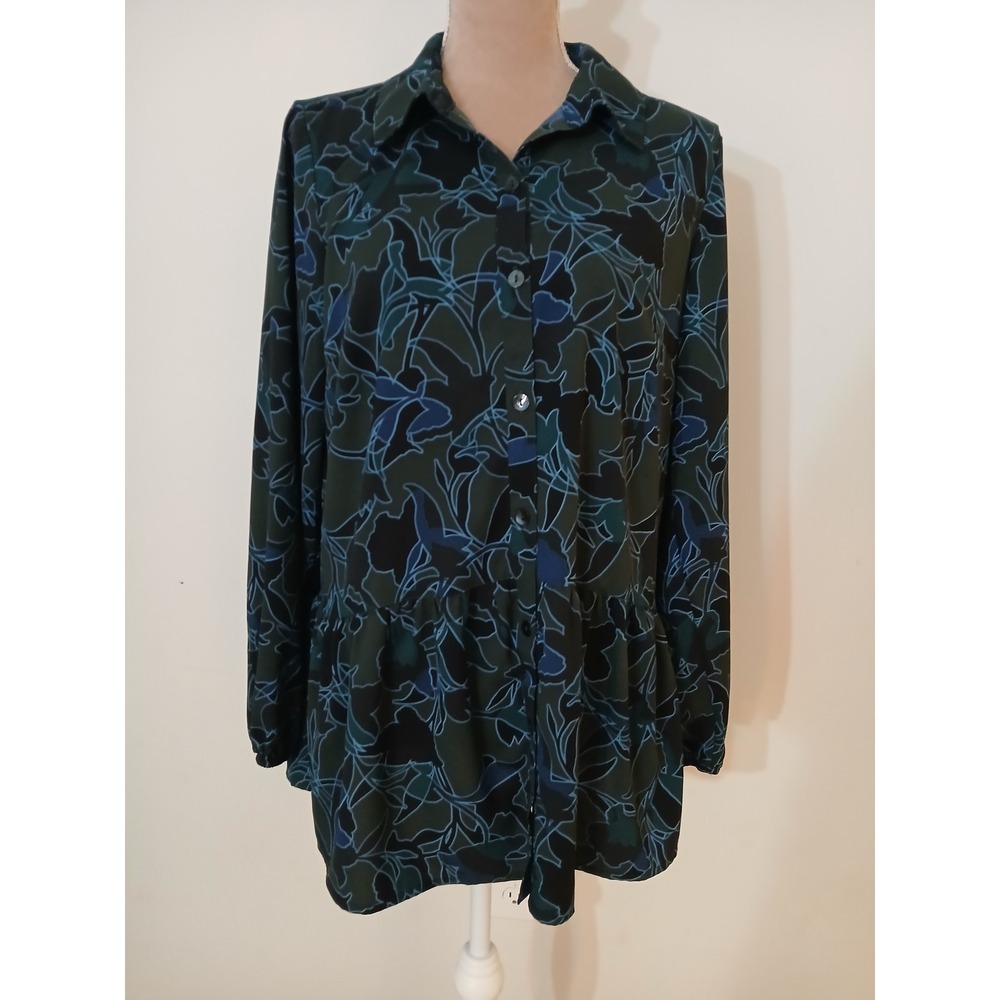 LOGO Lori Goldstein Womens Small Green Blue Floral Button Down Peplum Blouse
